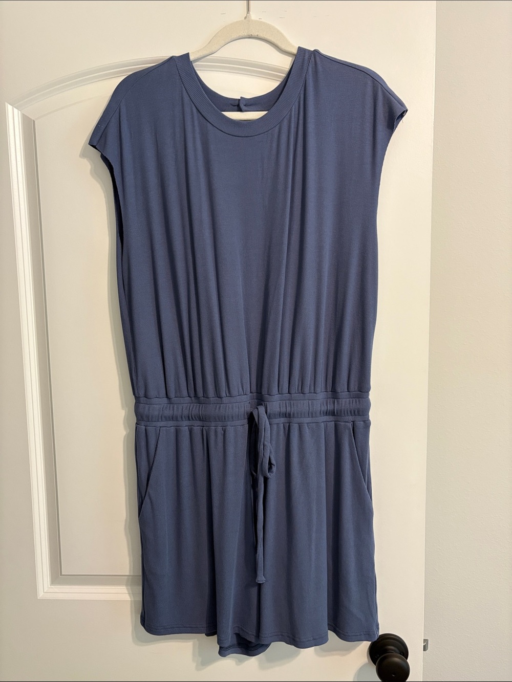 Sleeveless Drawstring One-Piece Romper in Dusty Blue